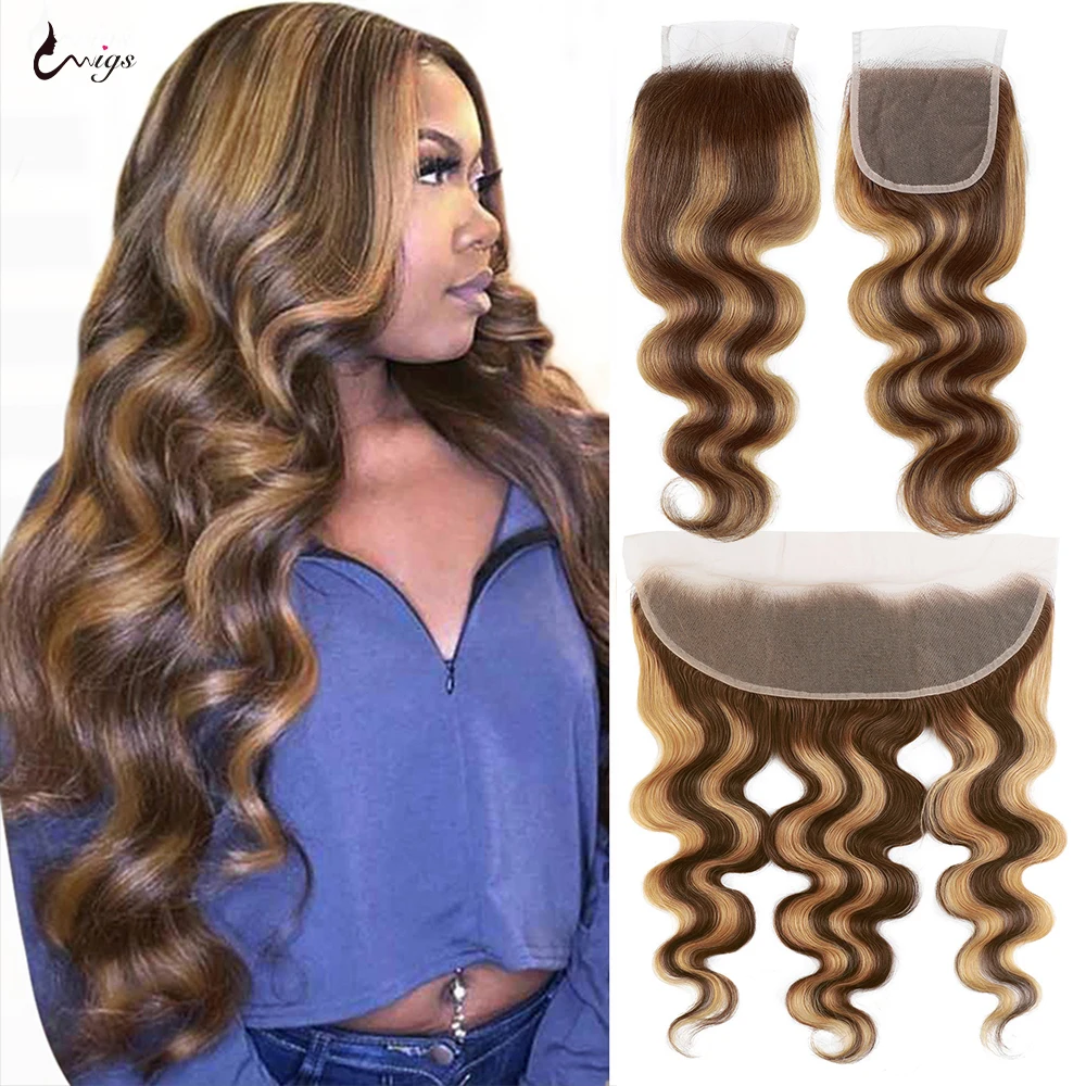 UWIGS 4/27 Highlight Body Wave Lace Closure Human Hair Closure 13x4 Frontal Closure Brazilian Hair Closure Free Part Middle Part