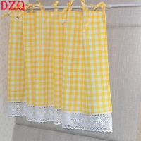 korea sweet yellow lattice tab top short curtains rural plaid half curtains cloth kitchen valance a099