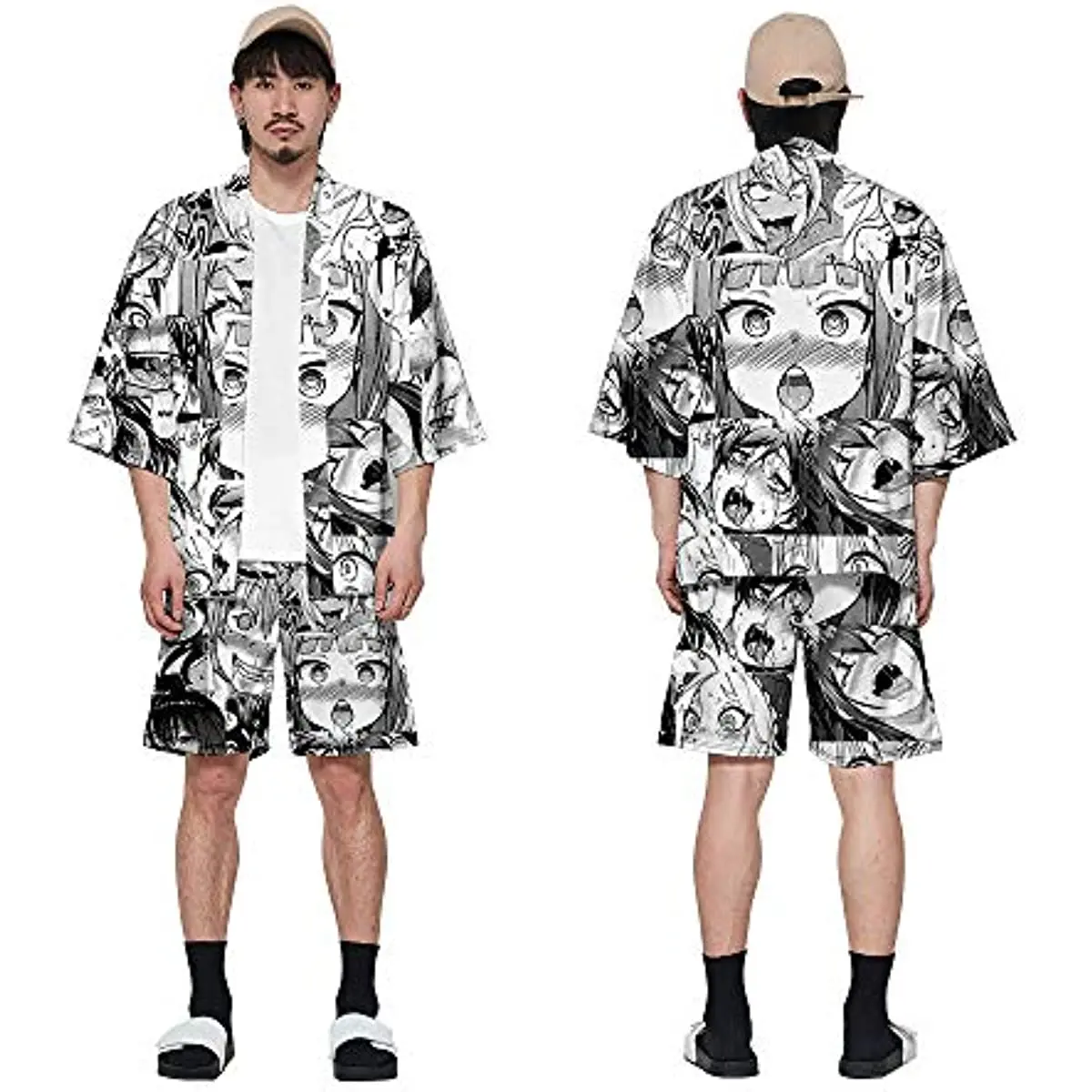 Printed Men's Kimono Shorts Tops Set Custom Printed Kimono Cardigan Hawaiian Yukata Haori Japanese Wave Tent Costume