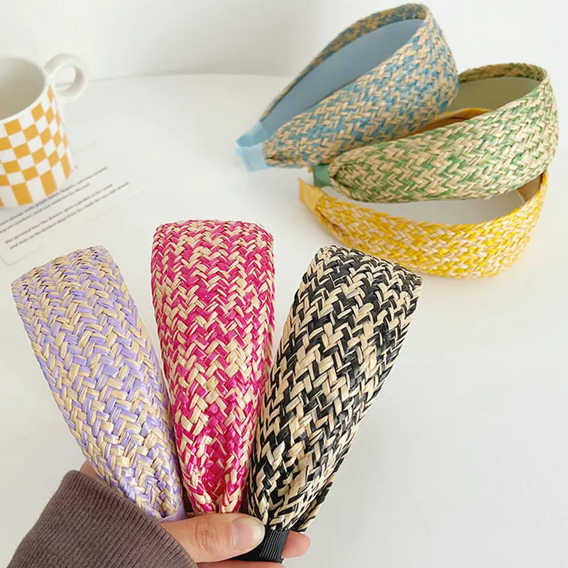 

2022 New Straw Braided Wide-brimmed Headband Korean Version Fashion Simple Headwear Fresh and Versatile Hair Accessories Ladies