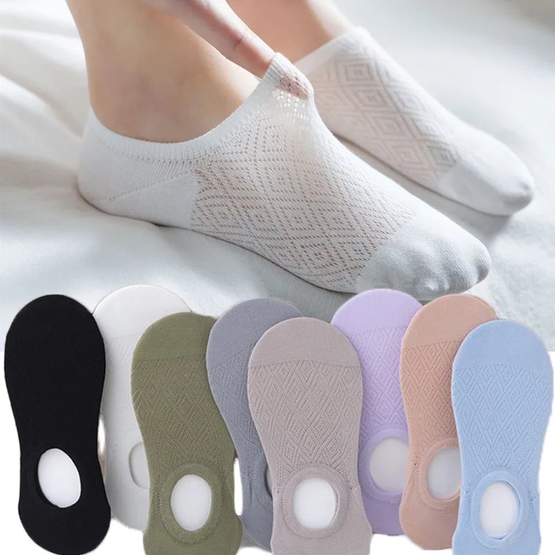 

Women Summer Socks Solid Colors Mesh Non-Slip Invisible Summer Ankle Slipper Set Hollow Thin Breathable No Show Cotton Candy