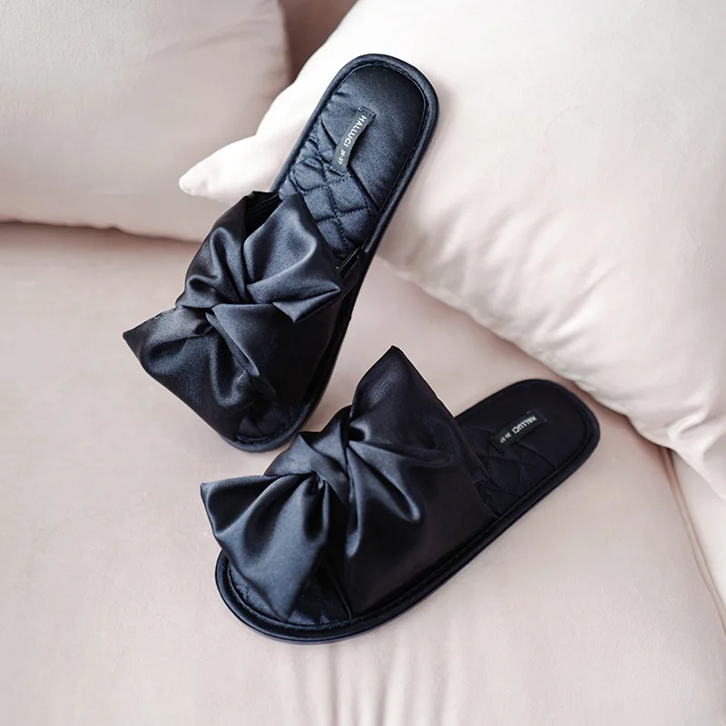 Indoor Non-Slip Slippers Ladies Satin Bow Sandals Stylish Comfortable Indoor Slippers Summer New Home Fabric Slippers