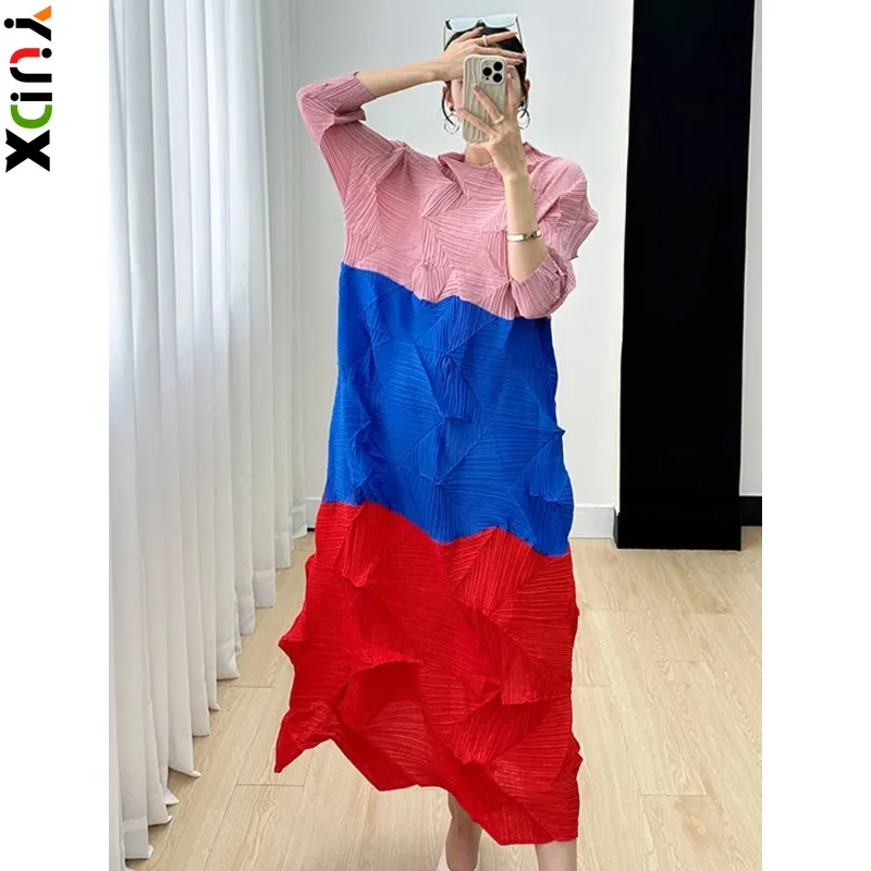 

YUDX Miyake Color Block Pleated Dress Women Long Length Loose Casual Style Big Size Female Fold Dresses 2024 Spring New