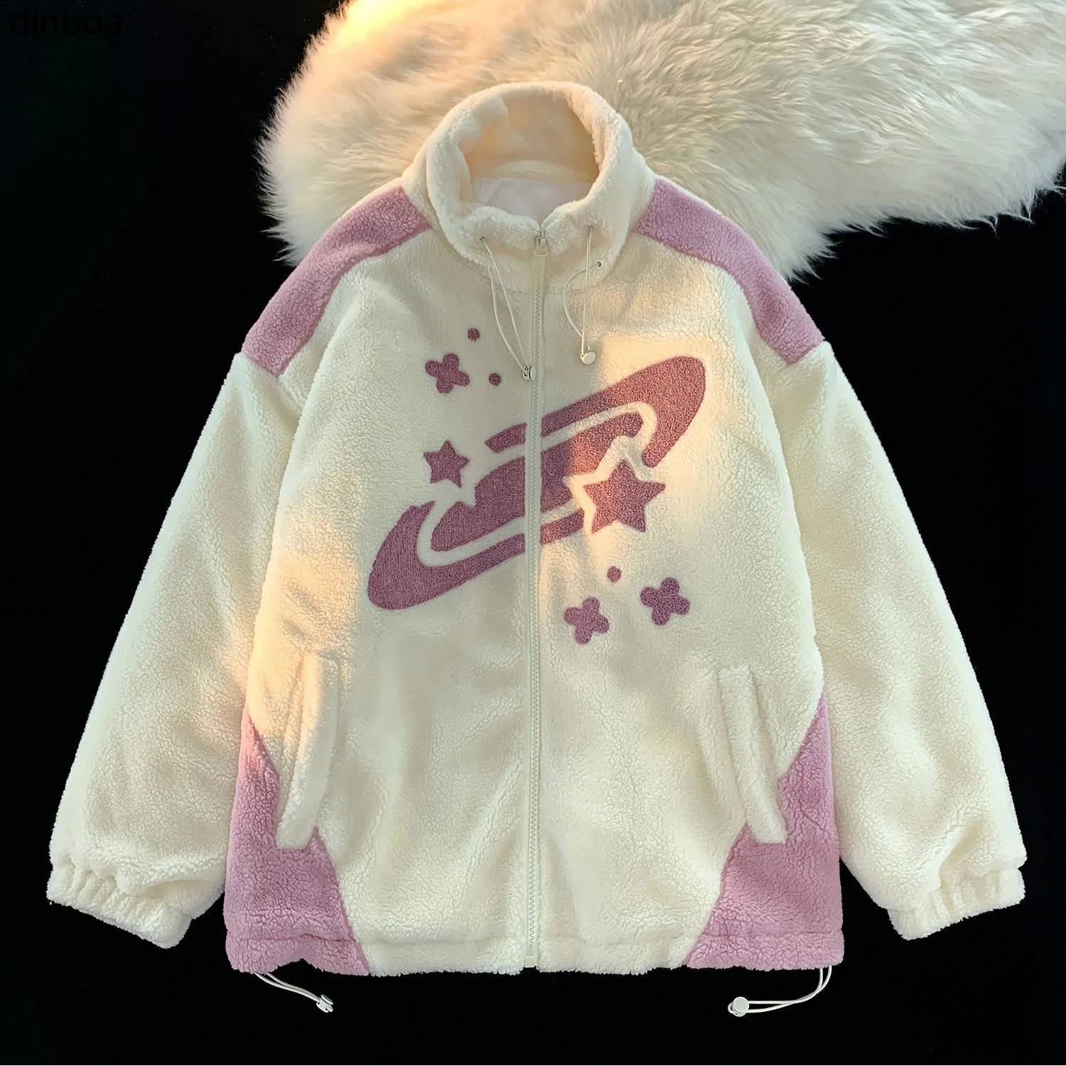 

Dinboa-y2k Clothes Print Women Jacket Winter Warm Zipper Flannel Parka Harajuku Lambswool Top Streetwear Loose Couple Hoodiecoat