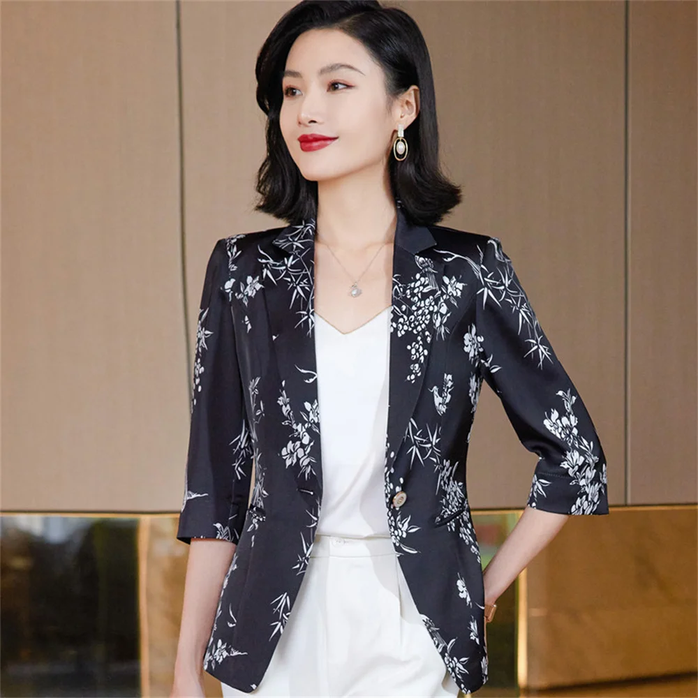 Women Printed Blazer Summer 2023 New in Female Casual Fashion Thin Slim Half Sleeve Coat Office Ladies Work Formal Jacket