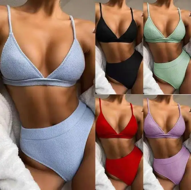 

Women's Push Up Bikini Set Swimsuits Summer New Fashion Solid High Waist Swimwear Ladies Ribbed Biquini Brazilian Bathing Suits