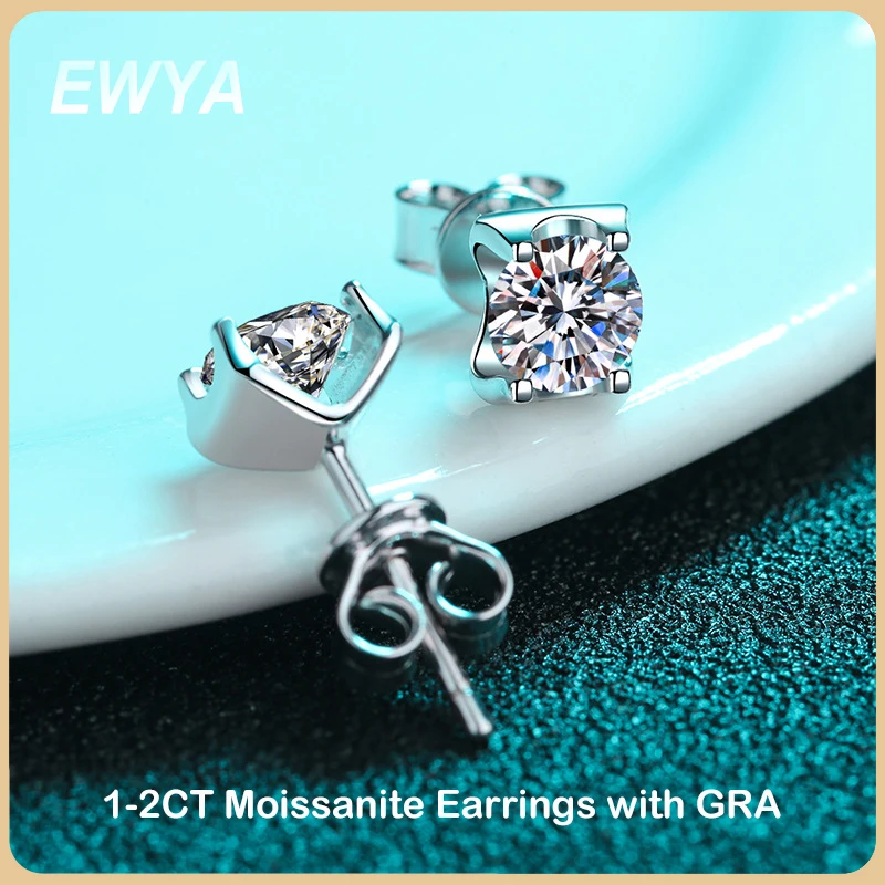 

EWYA New In 1-2CT GRA Certified Moissanite Stud Earrings For Women Party Fine Jewelry S925 Sterling Silver Diamond Earring Gift