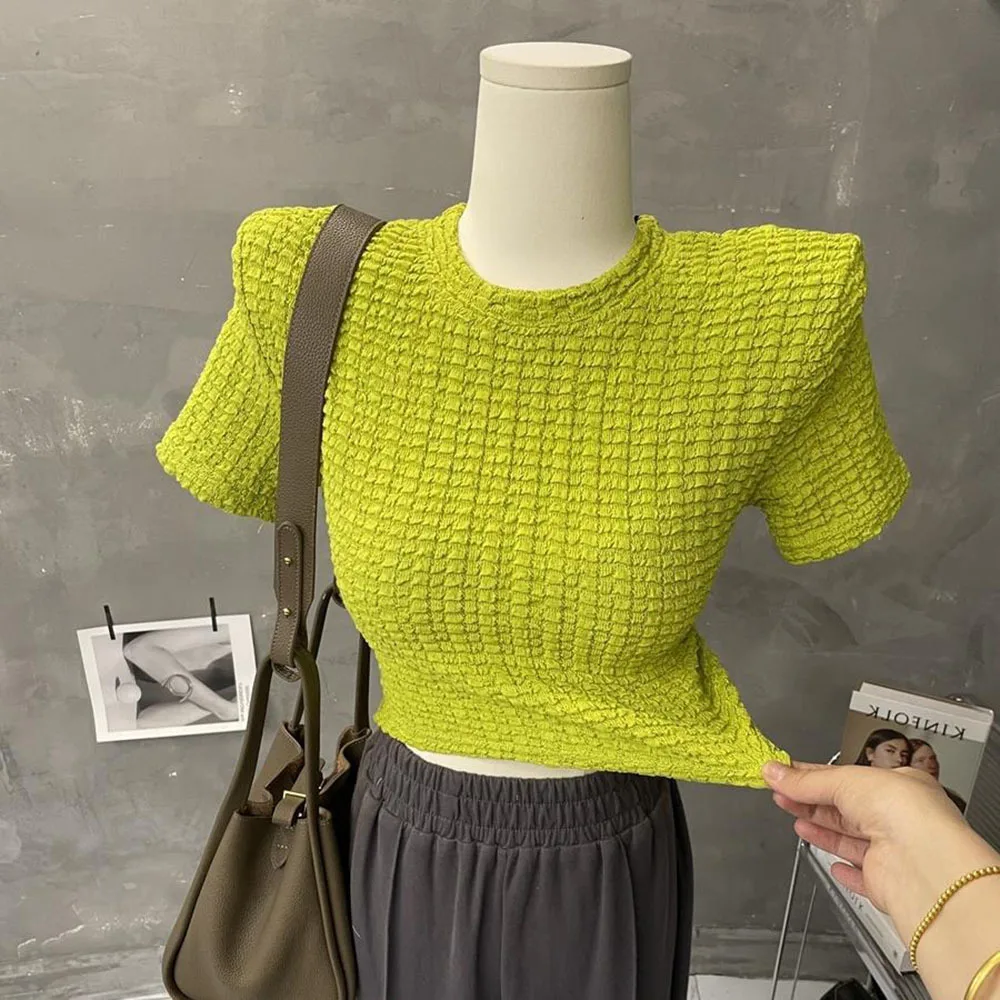 

Solid Color Short Sleeve T-shirt Women Slim Fit Pleated Top Female High Waist Short Style Summer Tees Ladies Футболка