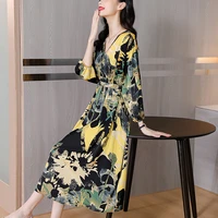 2022 spring luxury yellow summer silk dress print v neck elegant bodycon party vestidos boho vintage loose midi dresses