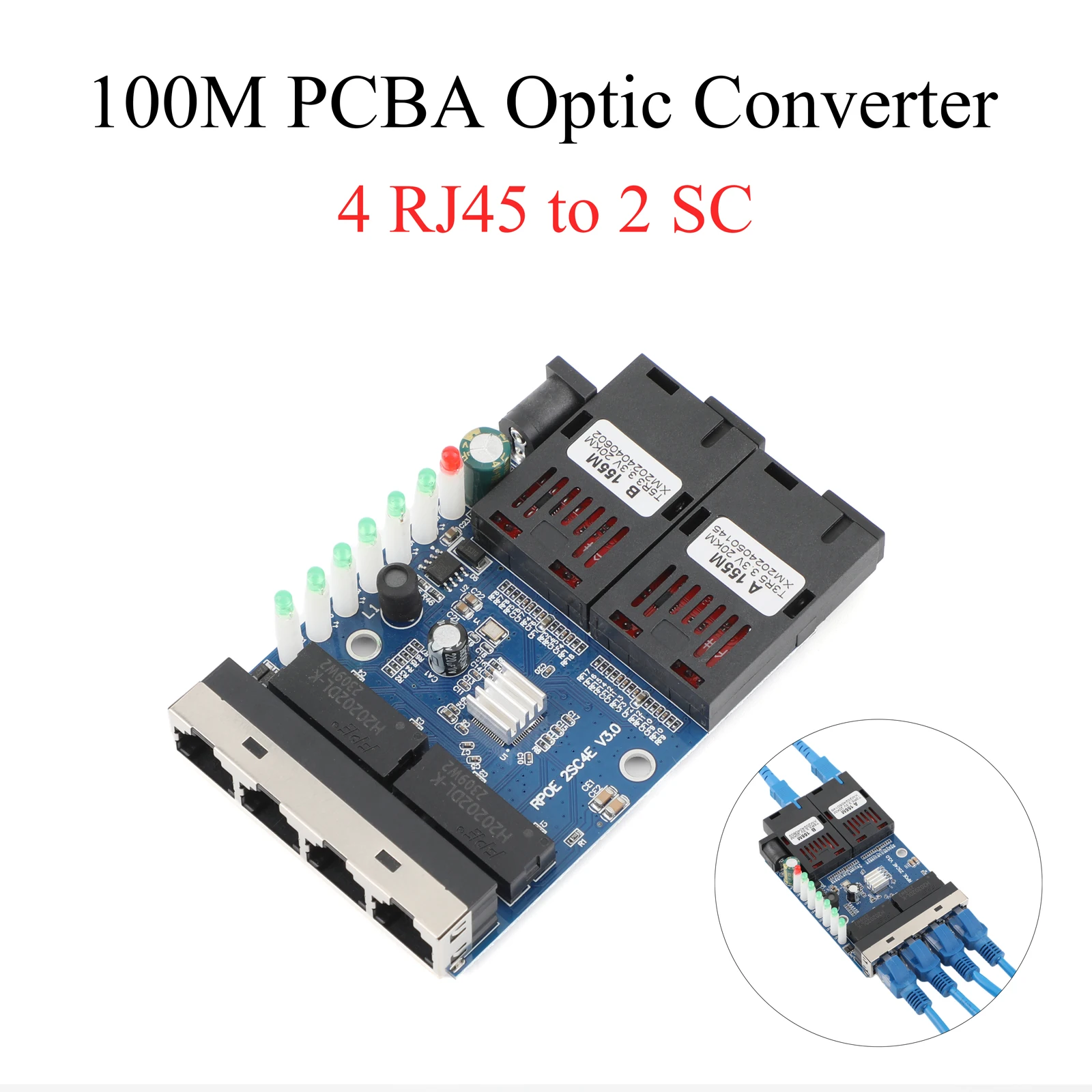 Оптоволоконный медиаконвертер 10 м/100 м 4 оптоволокна RJ45 на 2 оптовых разъема SC A + B