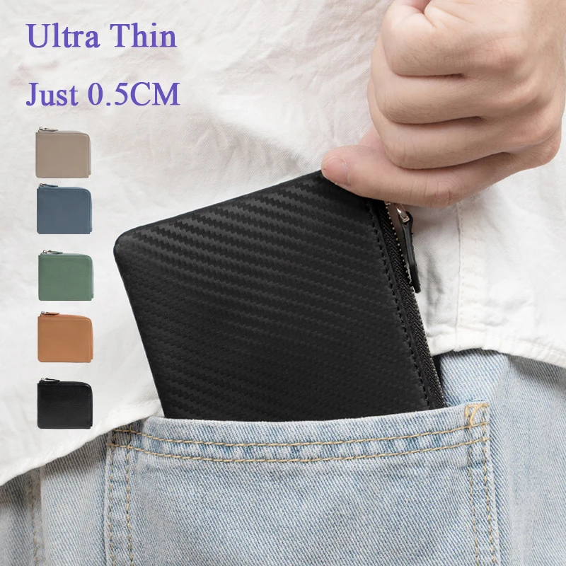 Fashion Men Genuine Leather Short Wallet RFID Zip Coin Purse Cow Leather Multi Pocket Thin Small Pocket Wallet