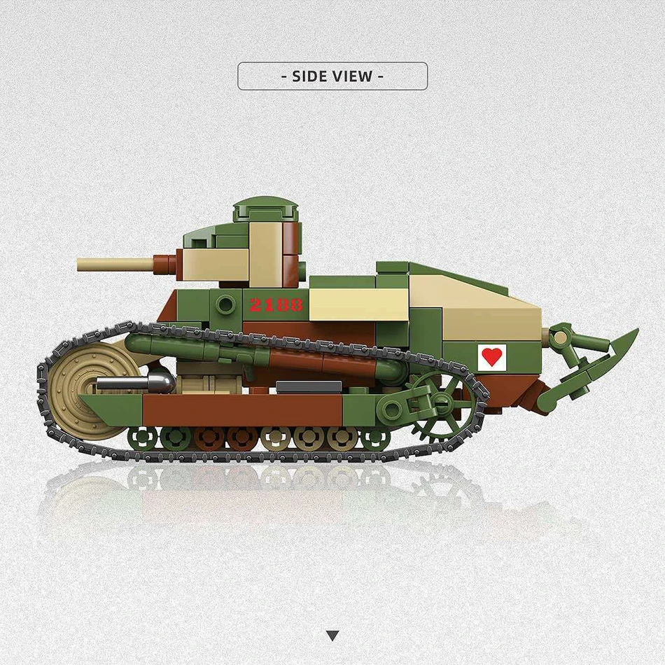 Фото Конструктор 2 в 1: военный танк Renault FT (фр. легкий танк) времен ВМВ и пулемет для защиты от танков (военная техника времен Первой мировой войны). Игрушка для детей, подарок. №5