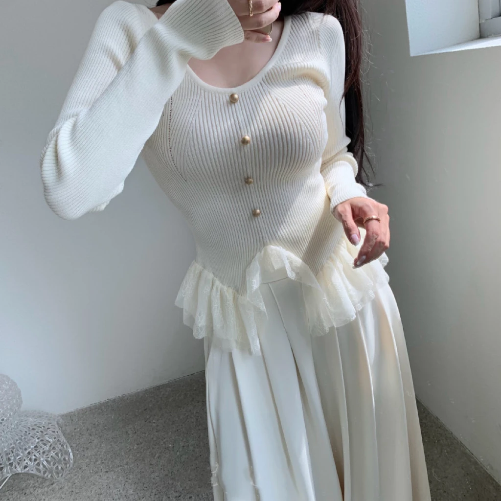 Южная Корея Ins Вязаный свитер с нерегулярной кружевной строчкой |