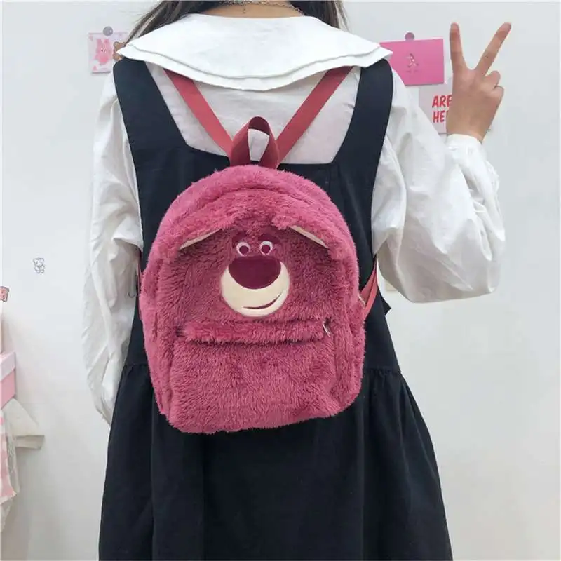 Disney Strawberry Bear Student Cute Plush Girl Heart Waterproof Backpack Gentle Sweet Adjustable Zipper Travel Backpack