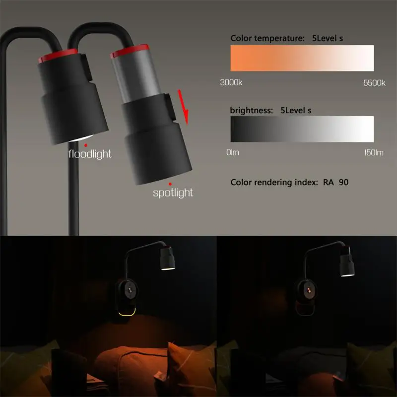 

Multi-function Wall Lamp Rechargeable Modern Wall Sconce Lights 5 Color Adjustable Retro Bedroom Light Touching Swicth Led Lamp