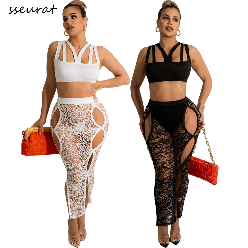 

Женский комплект из двух предметов SSEURAT, однотонный топ без рукавов и кружевная прозрачная ажурная длинная юбка, летний костюм, 2022