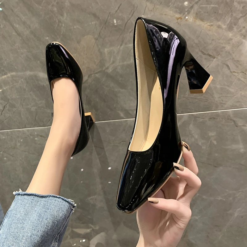 

Thick Heel Shoes Woman Spring Summer 2022 New Square Toe Patent Leather High Heels Women Shallow Slip-On Wedding Shoes Pumps