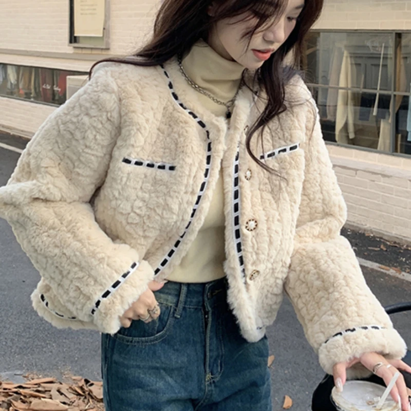 

Пальто женское с мехом ягненка, с круглым вырезом, длинным рукавом, однобортное, винтажное