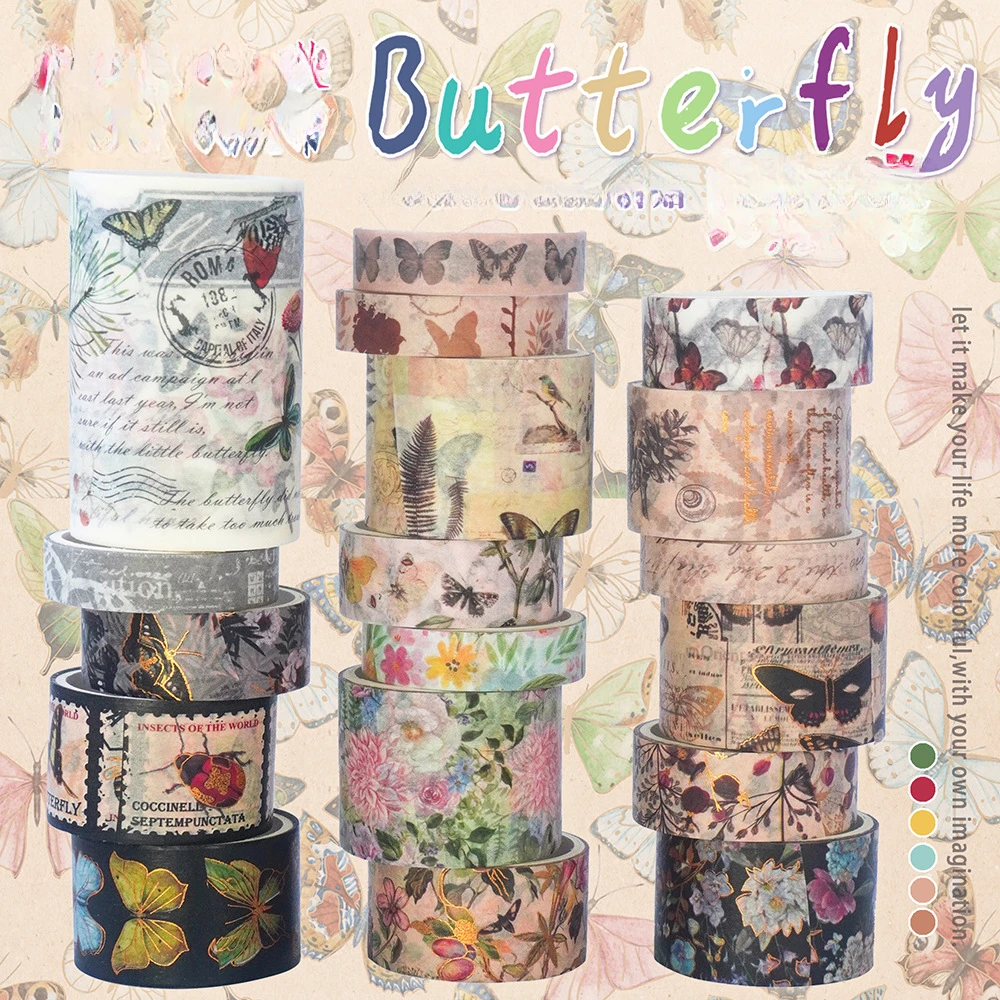 

17Rolls Butterfly Mountain Forest Plant Vintage Paper Tape Set Washi Tape for Scrapbooking Masking Tape for DIY Decoration