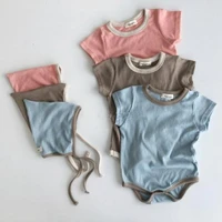 2022 summer new baby cotton short sleeve bodysuit hat comfortable soft ribbed jumpsuit for infant boy girl clothes set