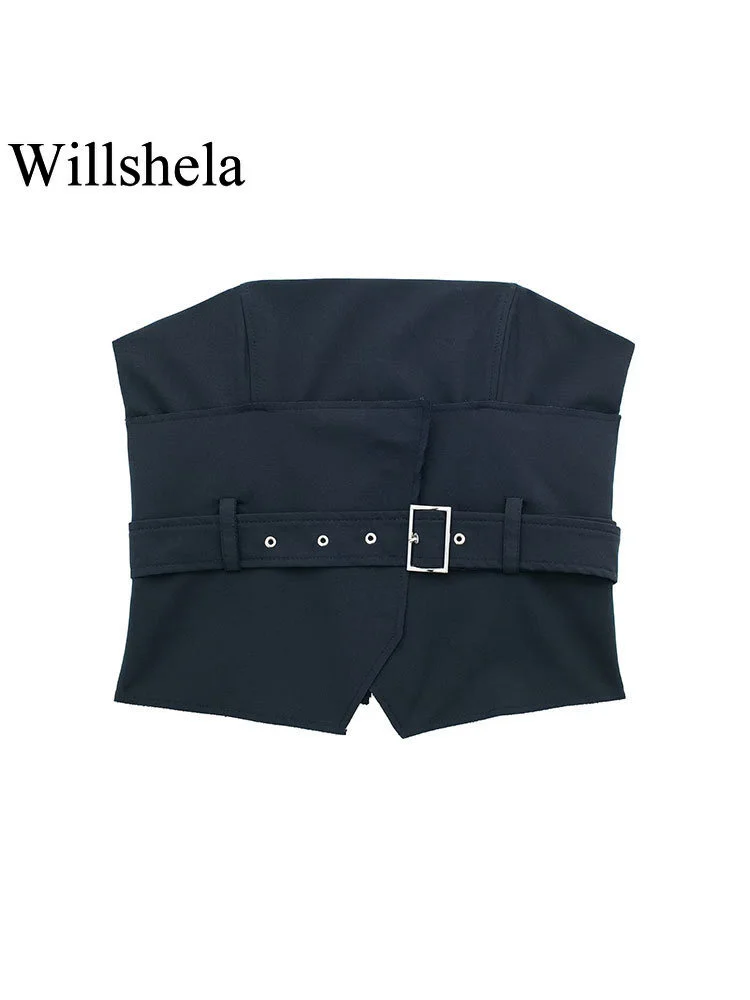 

Willshela женский модный однотонный с поясом облегающий корсет Топы винтажные без бретелек с вырезом лодочкой женские шикарные женские топы