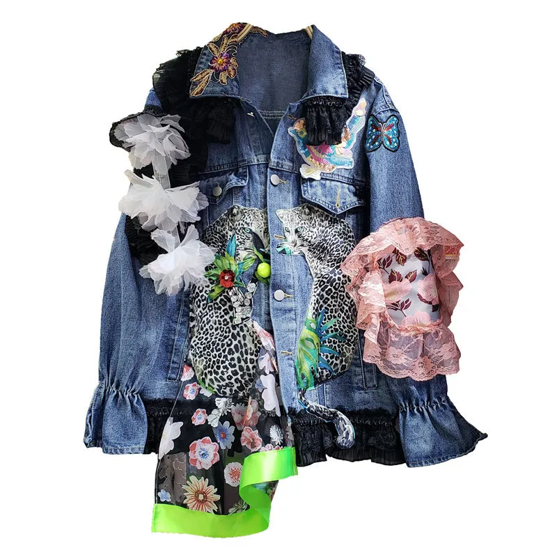 

Streetwear Applique Denim Jacket Coat Women Slim Short Outerwear Spring Korean Mesh Splicing Flare Sleeve Jeans Jacket Female