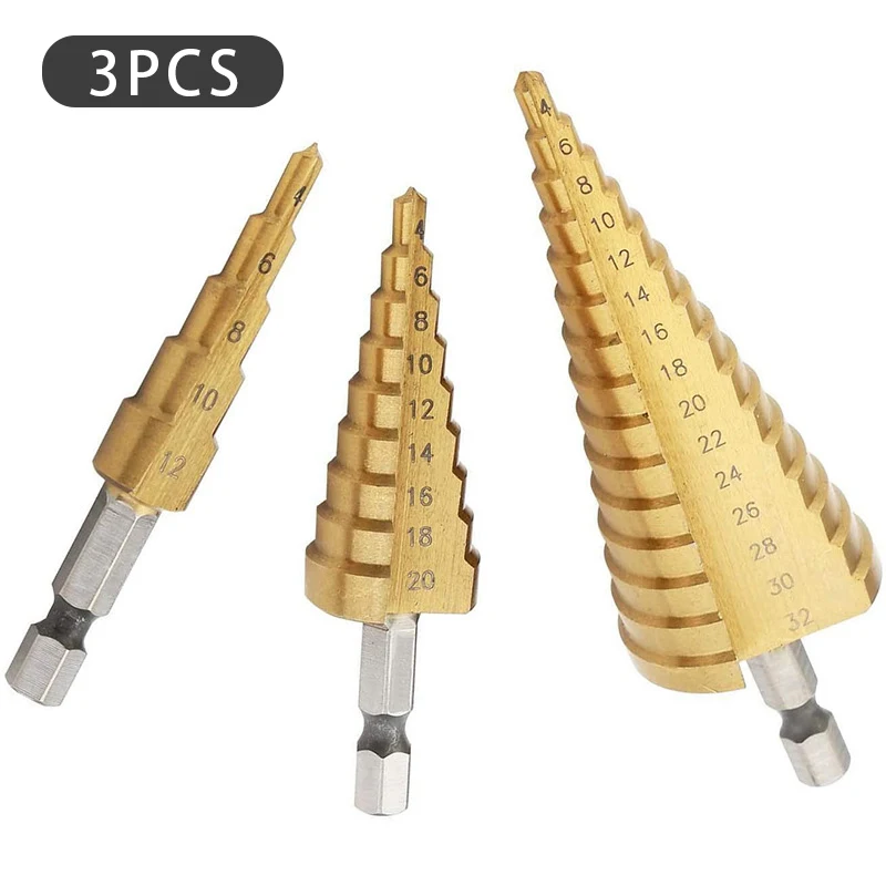 

3pcs 1 / 4 "; Titanium Coated Metal Hex Core Drill Bits Hss Step Drill Bit Set Cone Hole Cutter Taper Metric 4 - 12 / 20 / 32mm