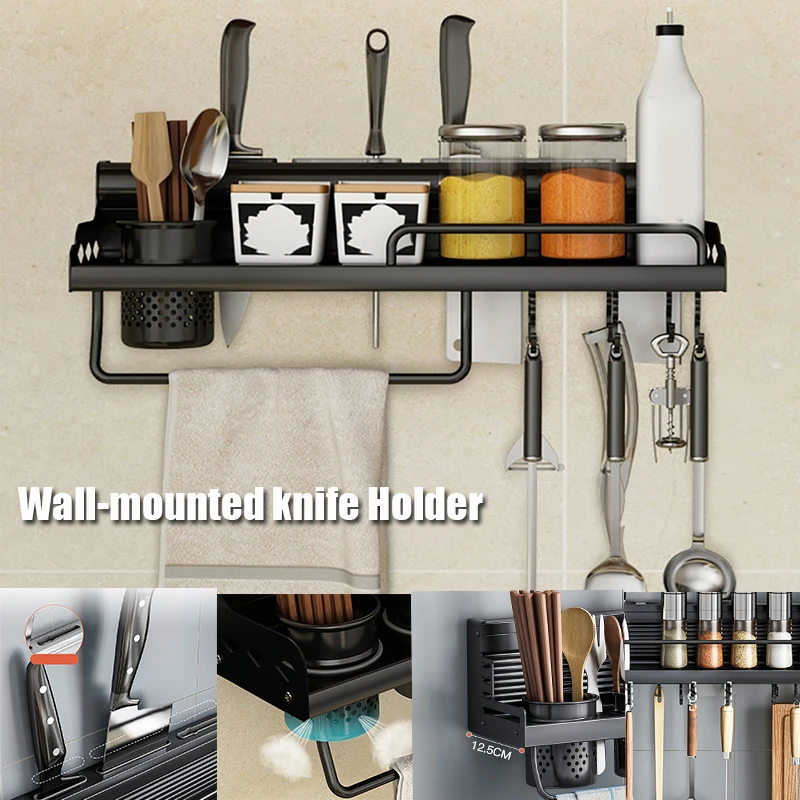 

40cm/50cm Kitchen Storage Wall Rack Punch-Free Multifunction Organizer Shelf for Chopsticks Knives Seasonings with 12 Hooks