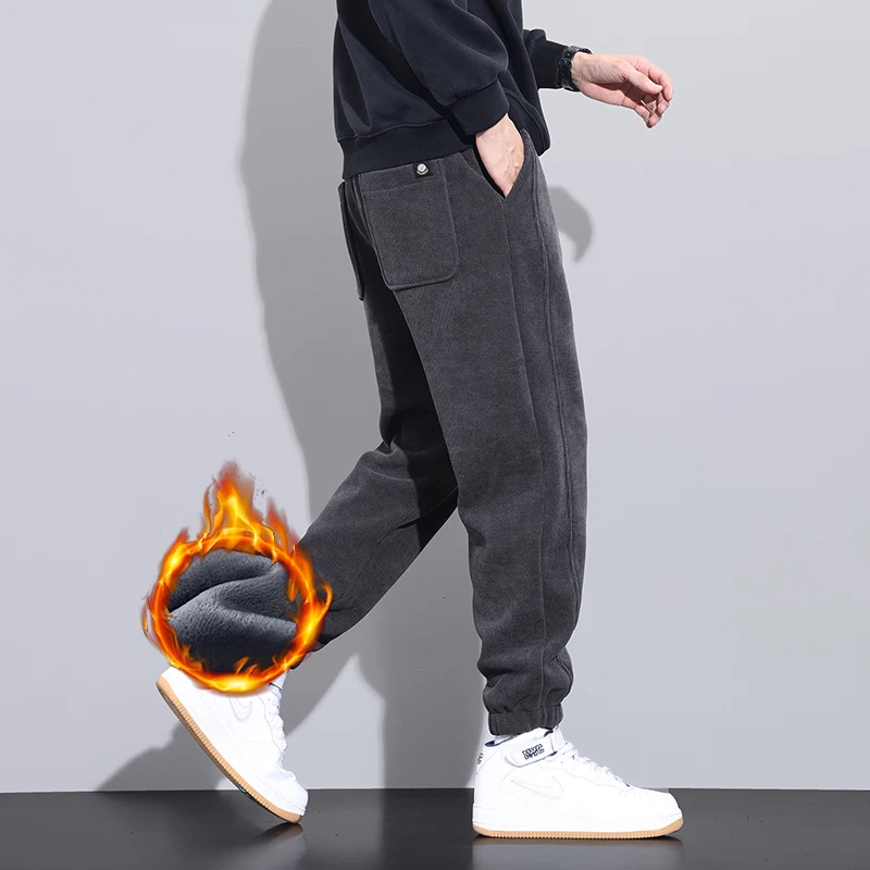 Утолщенные мужские повседневные брюки флисовые зимние новые однотонные