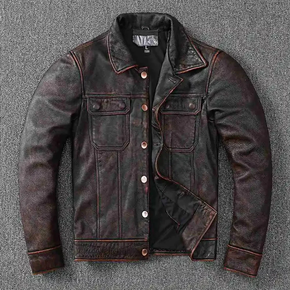 

2023 New Vintage Brown Workwear Style Genuine Leather Jacket Natural Cowhide Coat Men's Stone Mill Old Clothes Leather & Suede