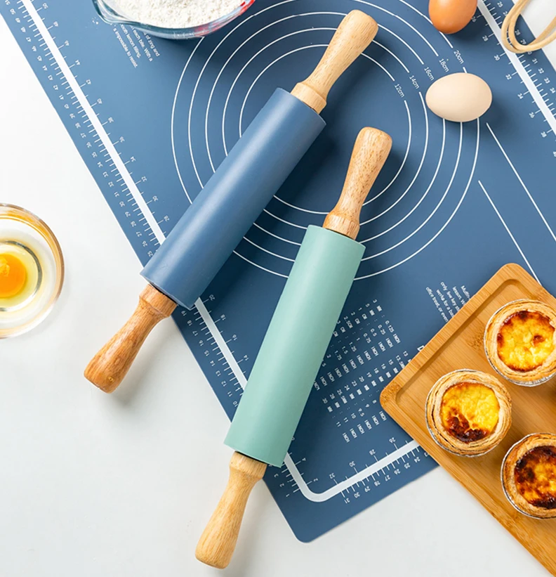 

Non-Stick Silicone Rolling Pin Wooden Handle Pastry Dough Flour Roller Kitchen Cooking Baking Tool For Pasta Cookie Dough