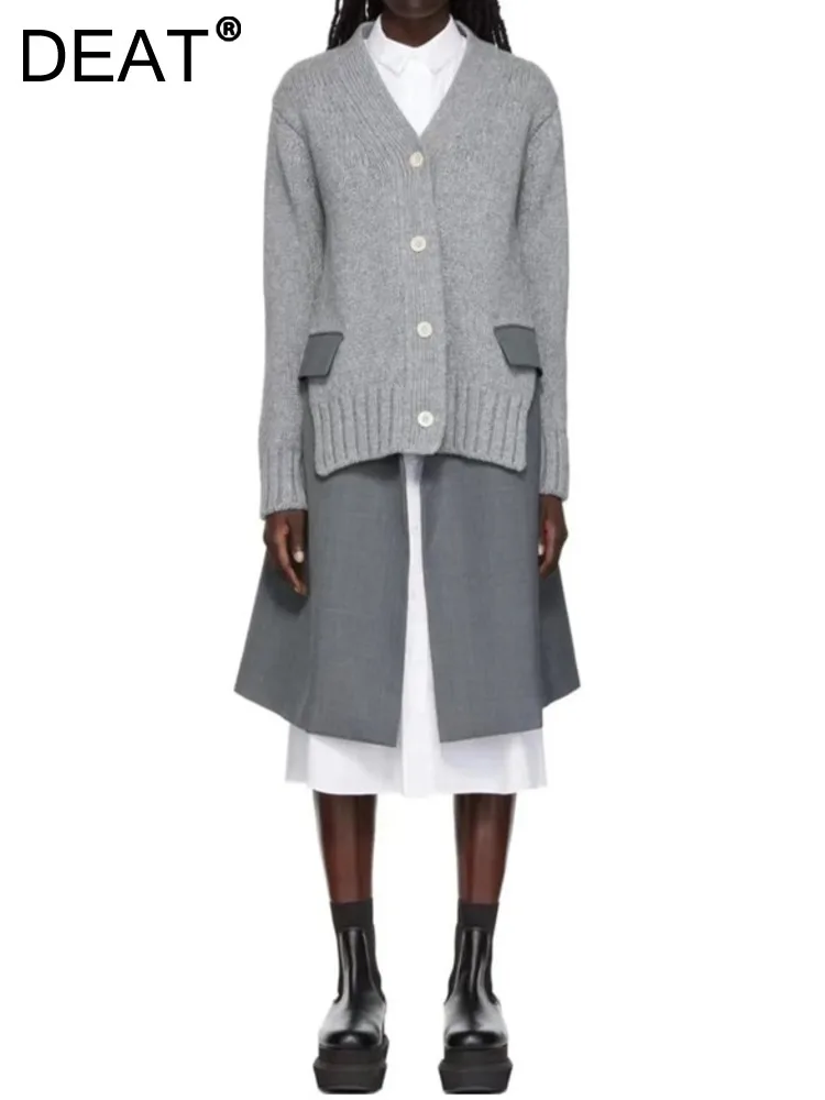 

DEAT Fashion Women's Sweater Coat V-neck Loose Single Breasted Patchwork Irregular Knitted Cardigan Autumn 2023 New 17A1349H