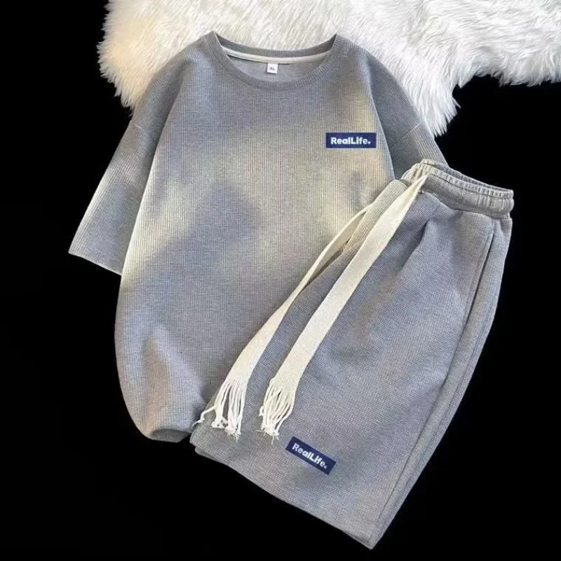 Waffle Youth Sportswear Suit Men's Large Size Loose Summer Thin Short Sleeve Shorts Men's Sport Suit