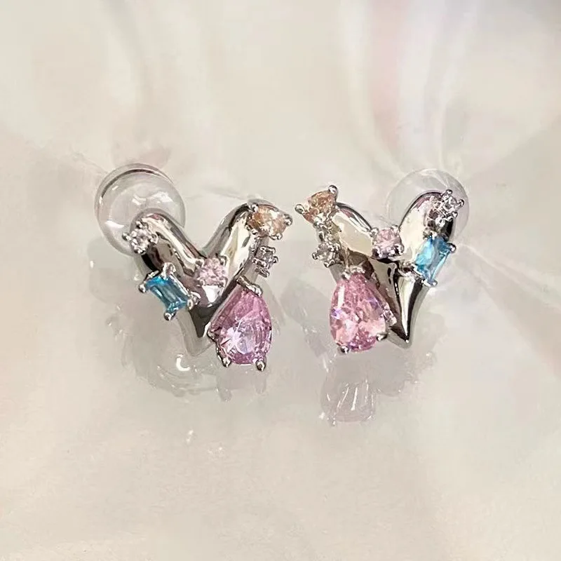 

S3064 Fashion Jewelry S925 Silver Post Stud Earrings Cute Heart Inlaid Crystal Rhinestone Love Hearts Earrings