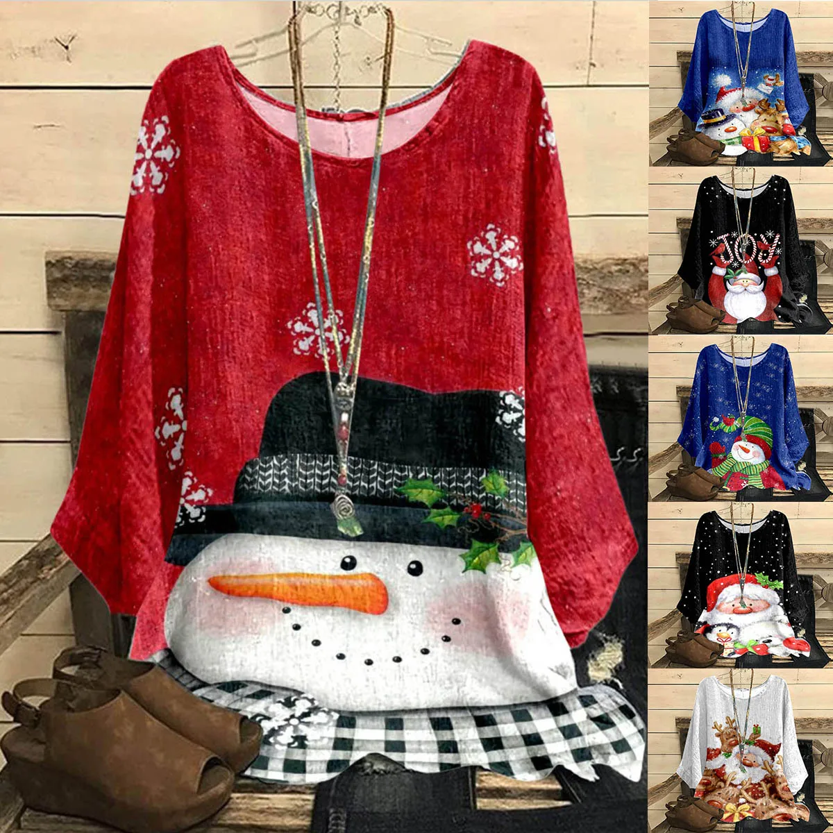 

Женская футболка с круглым вырезом, Повседневная Свободная Винтажная Футболка оверсайз с рождественским принтом, Осень-зима 2022