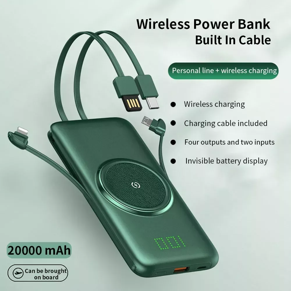 

NEW Wireless Charger Power Bank Built-in 4 USB Type C Micro Cables For iPhone 10000mAh Powerbank Portable External Battery