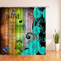 rustic education shower curtain teal wooden plank inspirational flower warm words phrases barn bathroom bath curtains with hooks