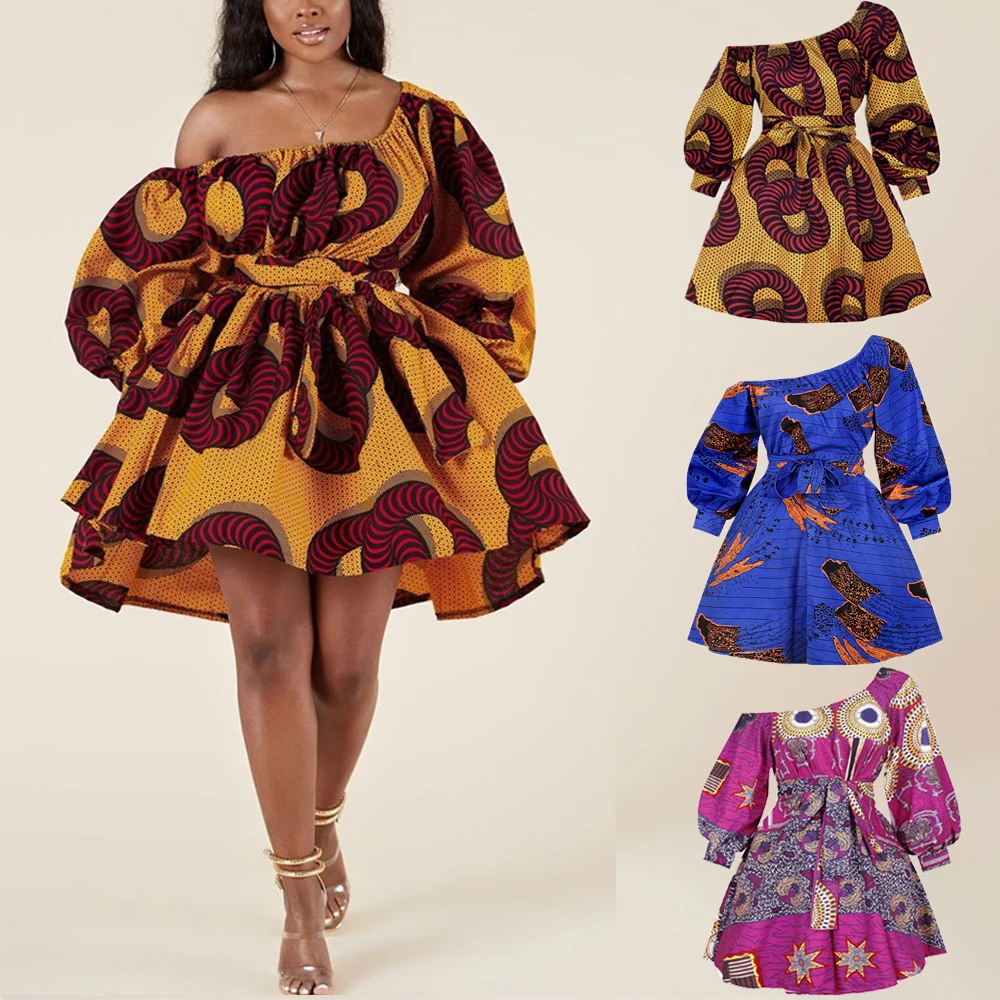 

New African Sexy Off Shoulder Mini Dress For Women Ashiki Tribal Print Diagonal Collar Robe Dress Retro Africaine Femme Vestidos