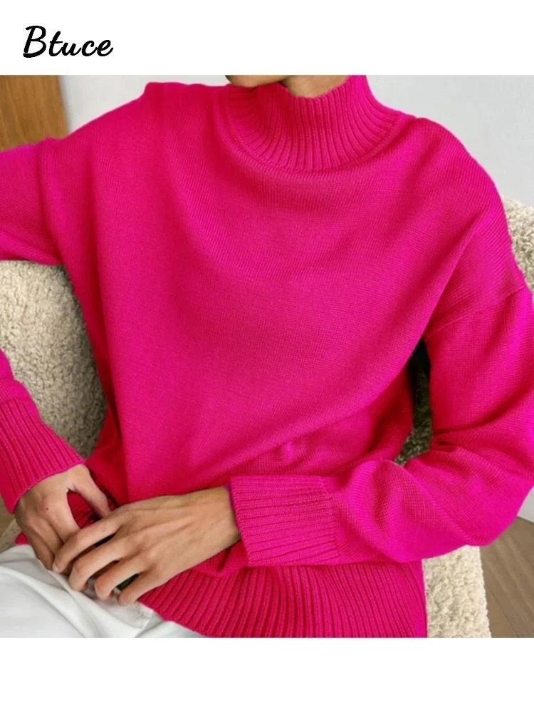 

Knitted Basic Green Turtleneck Women's Sweater Warm Soft Rose Red Knitwears Pullovers Winter Female Oversized Top Baggy Sweaters