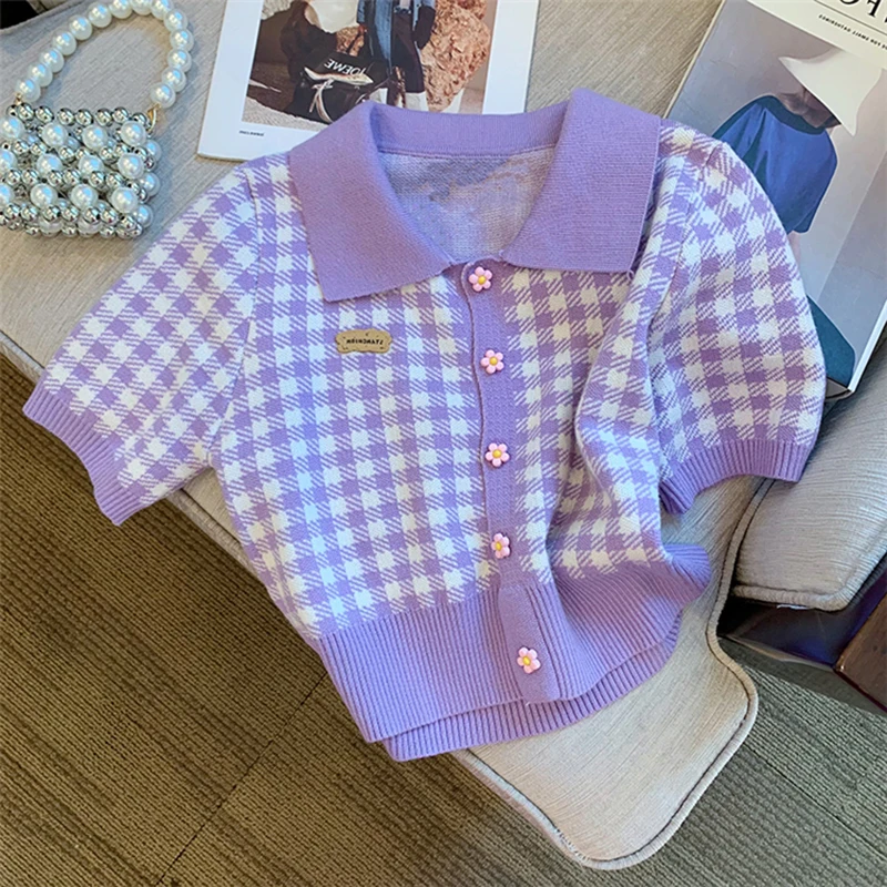 

Streetwear Short Sleeve Knitted Tops Spring Summer Turn-down Collar Plaid Sweater Women Pullovers Sweet Knitwear Jumpers