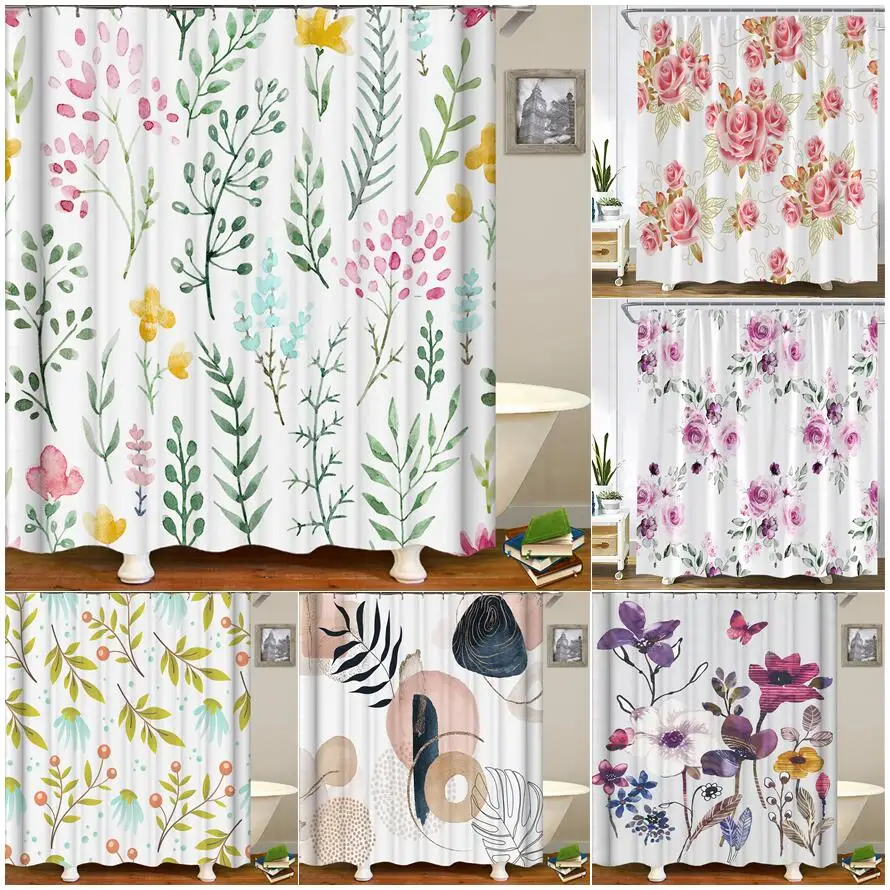 

Plant Flower Shower Curtain Watercolor Leaves Pink Purple Floral Butterfly Simple Fabric Nordic Bathroom Decor Bath Curtains Set