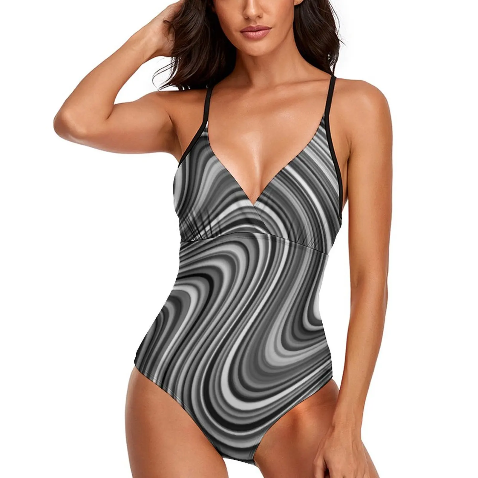 

Black White Silver Grey Line Swimsuit Modern Geometric One-Piece Swimwear Trendy Bathing Suit Sexy Backless Swimsuits Beach Wear