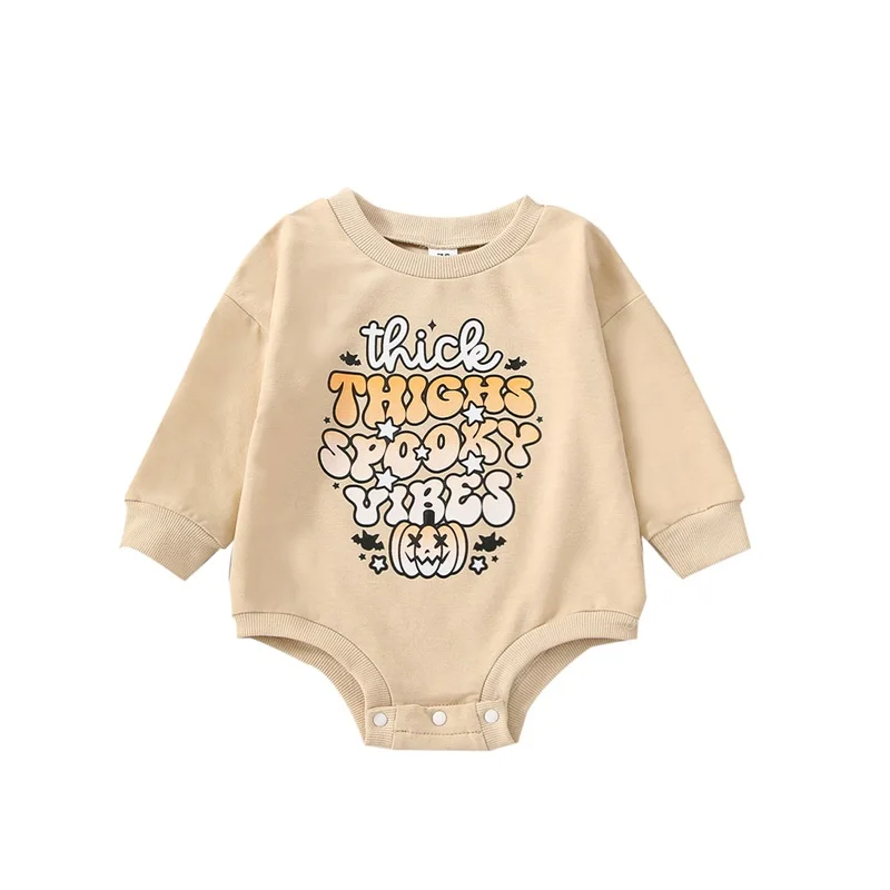

0-24M Baby Girls Boys Halloween Casual Romper Beige Long Sleeve Letter Pumpkin Print Romper Bodysuit