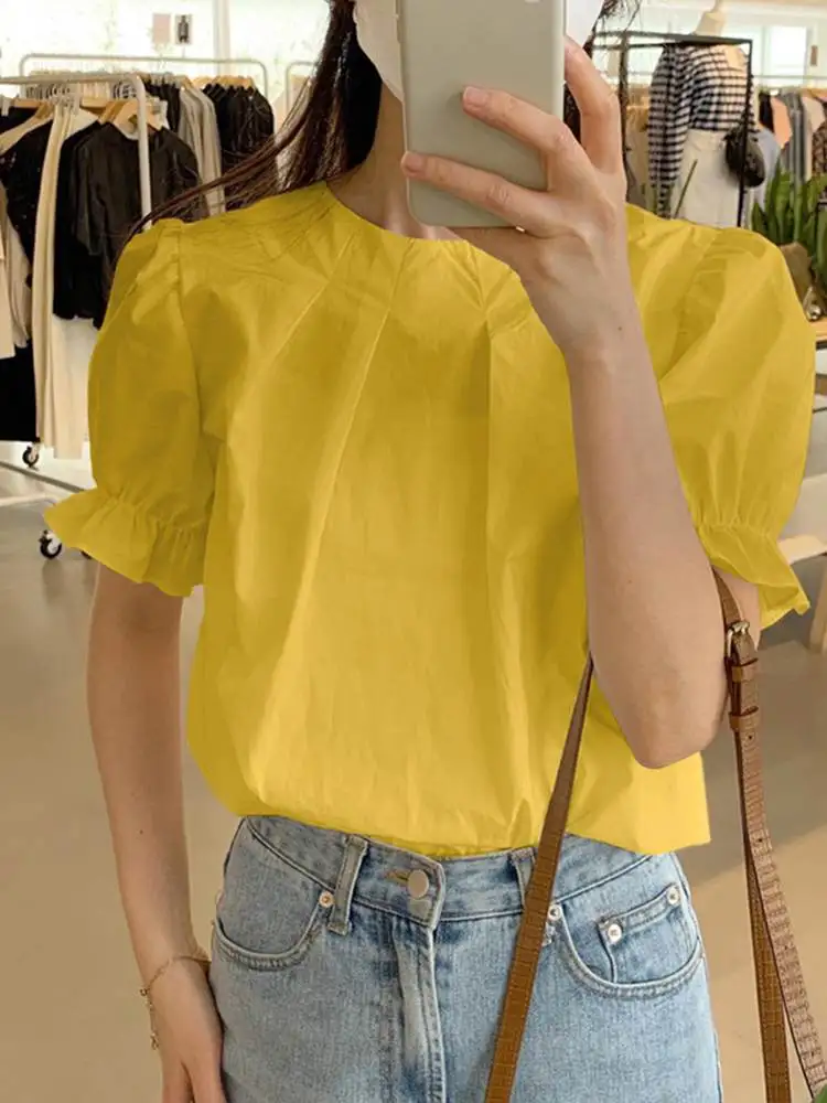 

VONDA Elegant 2022 Femininas Office Blouse Loose Retro Tops Short Sleeve Chic O Neck Chemise Femme Casual Ruffled Blusa Oversize