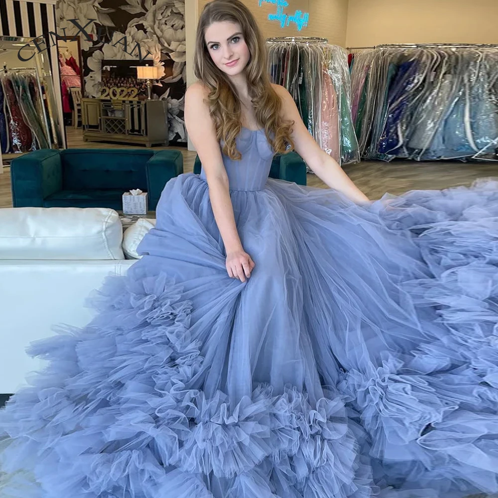 

CENXUAN Modern A-line Prom Evening Dresses Tiered Sweetheart Sleevelss Tulle Backless Vestido De Noite Customized Drop Shipping