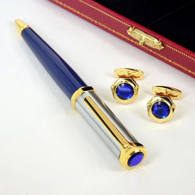 MSS Santos-Dumont de CT Octagon Blue Luxury Ballpoint Pen With Serial Number Writing Smooth Commerce Cufflinks Gift Box Set