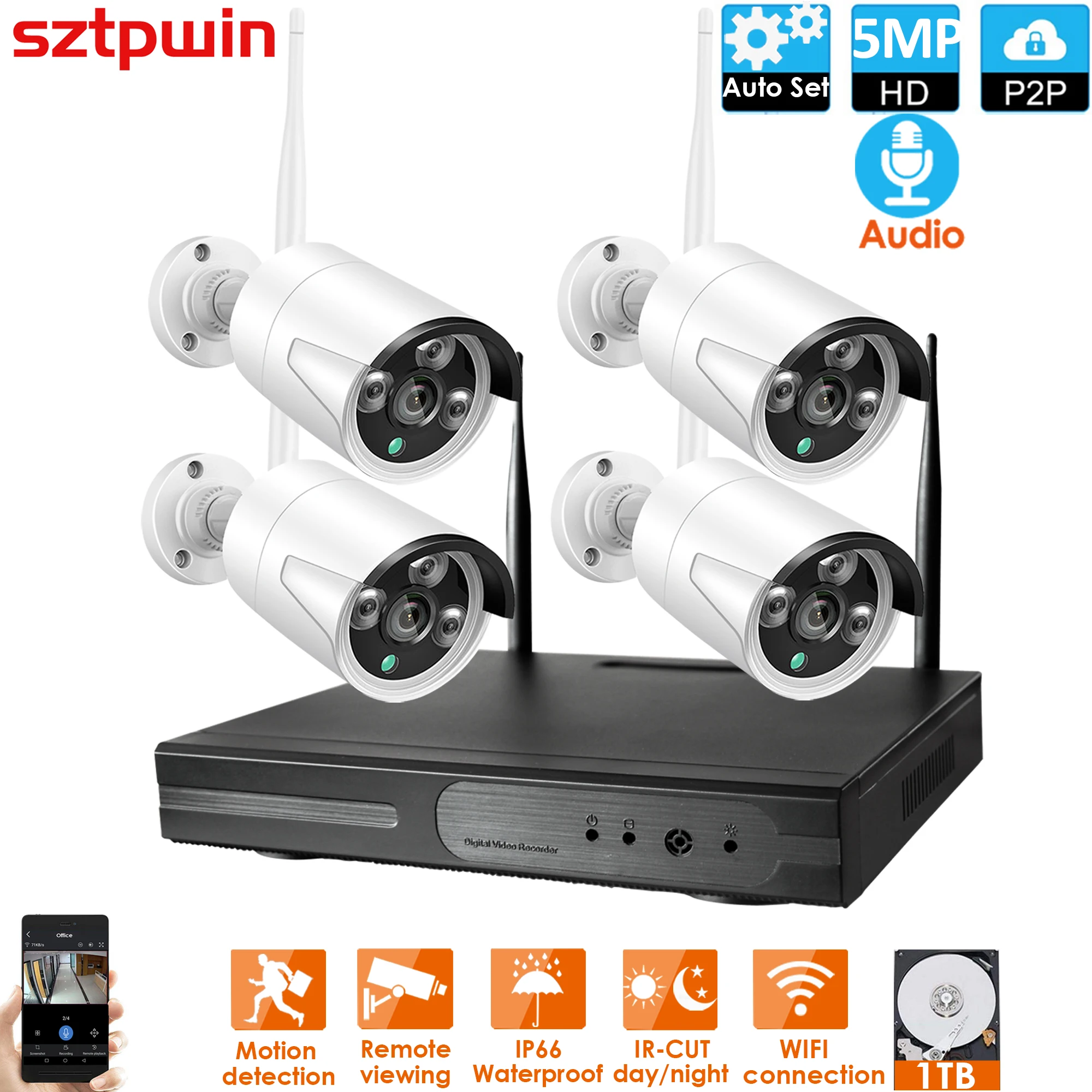 

4CH 5MP 3MP HD Audio Wireless NVR Kit P2P Indoor Outdoor IR Night Vision Security 4pcs IP Camera WIFI CCTV System
