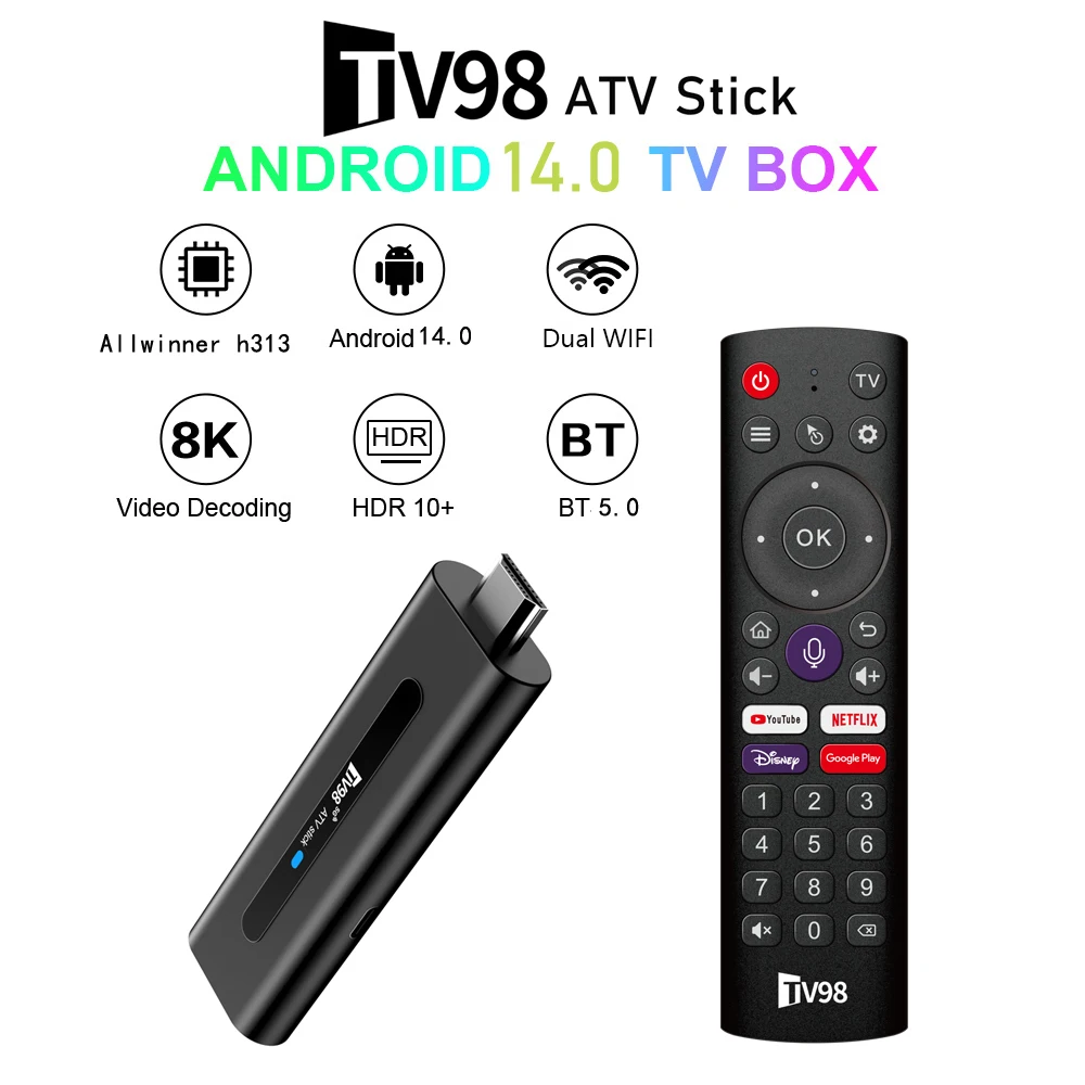ТВ-Приставка Smart TV TV98 ATV 8K Android 14 Allwinner H313 2 4G стандартная поддержка Wi-Fi OTA 4K плеер BT5.0