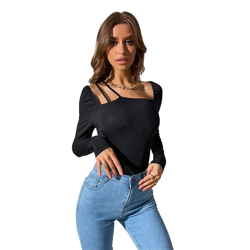 

Sexy Women's Long Sleeve Pit Strip Black Skinny Hollow Square Neck High Waist Women's Bodysuit Women's Pants Free Shipping