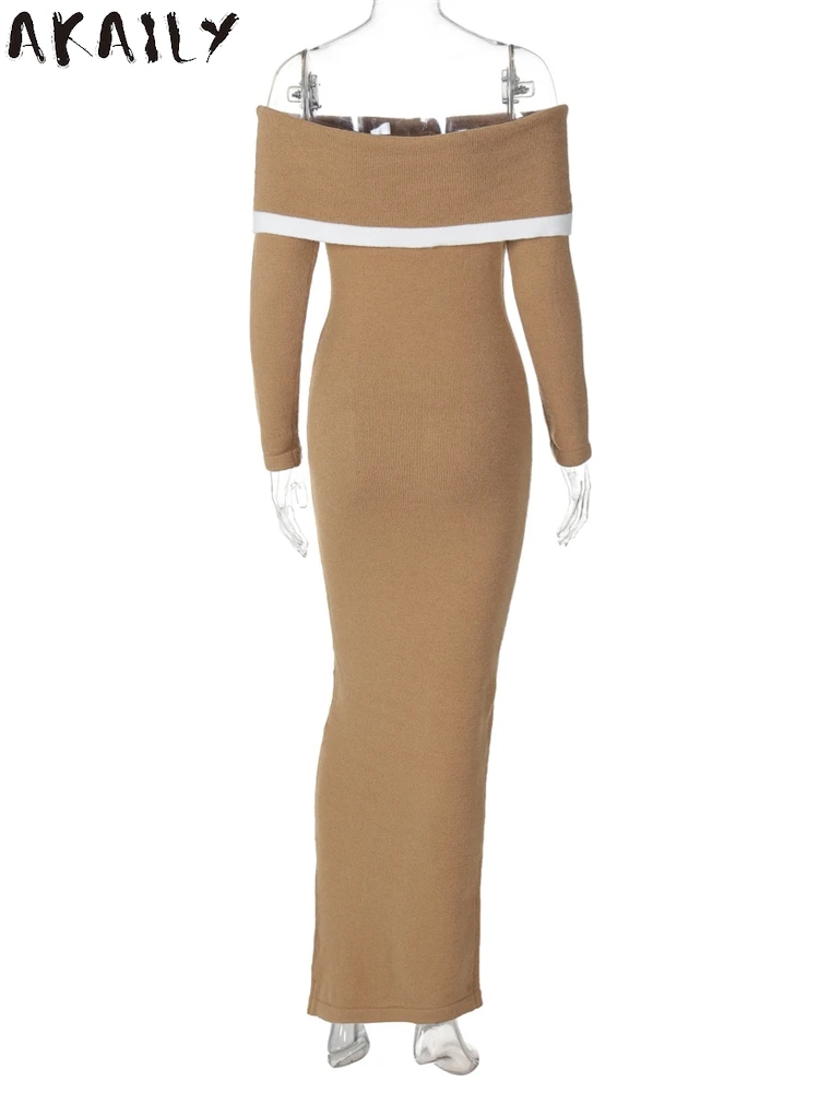 Akaily зимнее женское сексуальное длинное платье с открытыми плечами элегантный